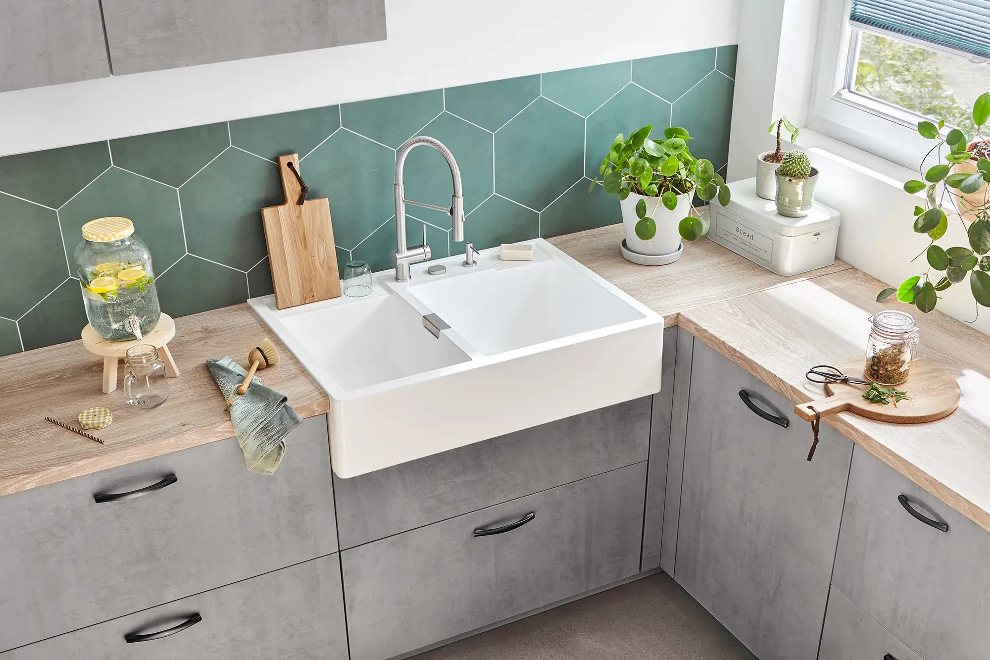 weißer Spülstein mit 2 Becken von Schock Cristadur Green Line recycelte Keramik 